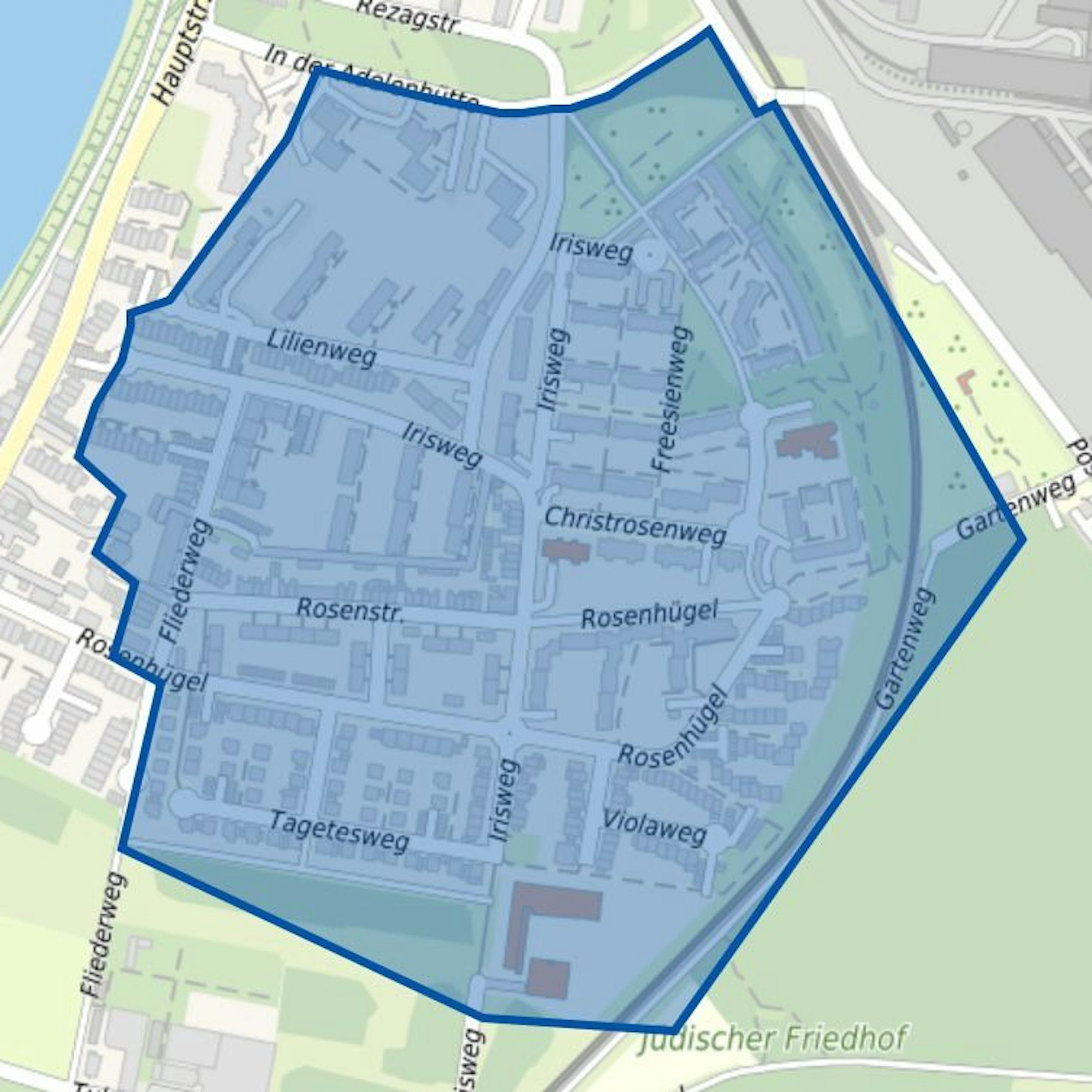 Der blau-eingefärbte Bereich ist von der Evakuierung in Zündorf betroffen.