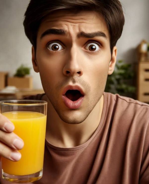 Eine geschockte Person hat ein Glas Orangensaft in der Hand. Das Symbolbild wurde mit Hilfe der Künstlichen Intelligenz ChatGPT erstellt.