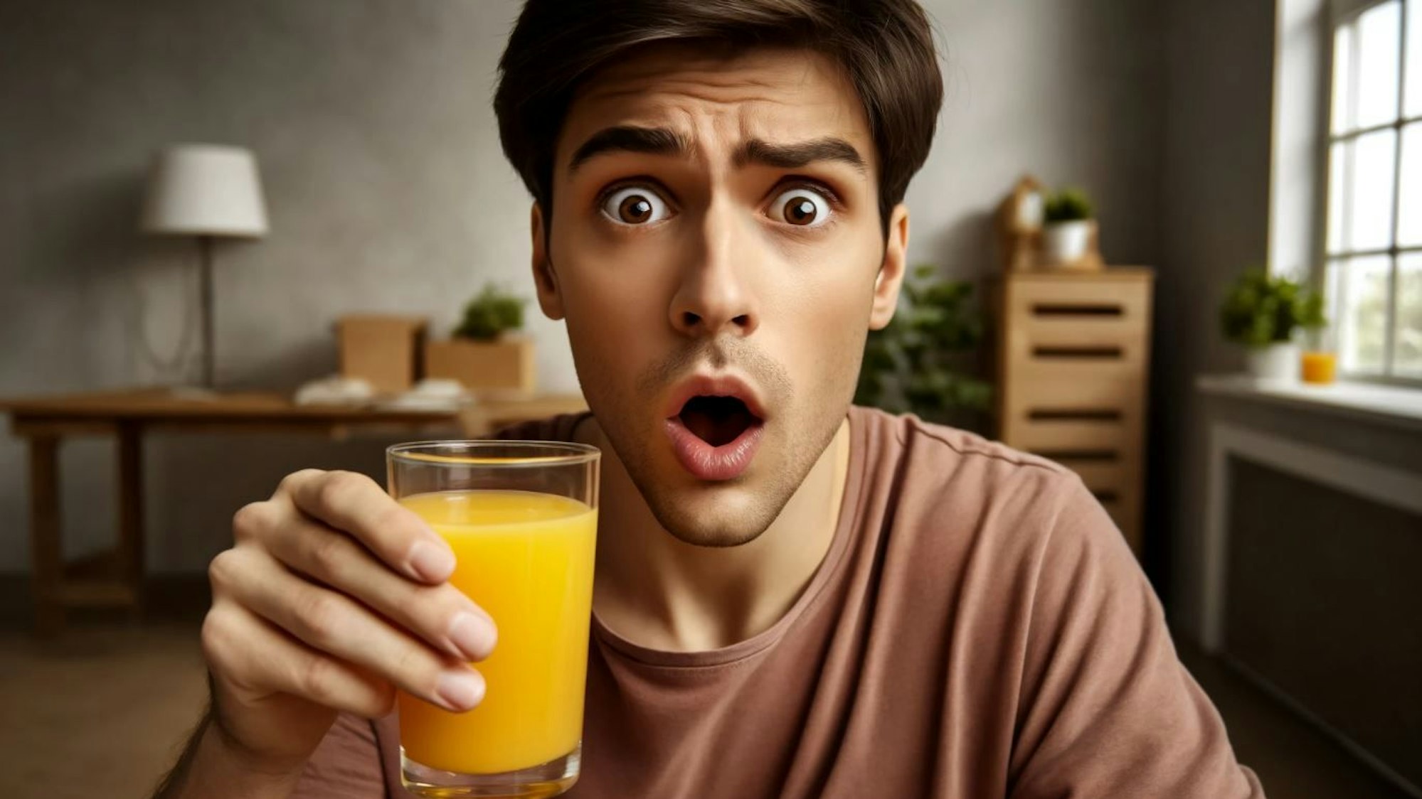 Eine geschockte Person hat ein Glas Orangensaft in der Hand. Das Symbolbild wurde mit Hilfe der Künstlichen Intelligenz ChatGPT erstellt.