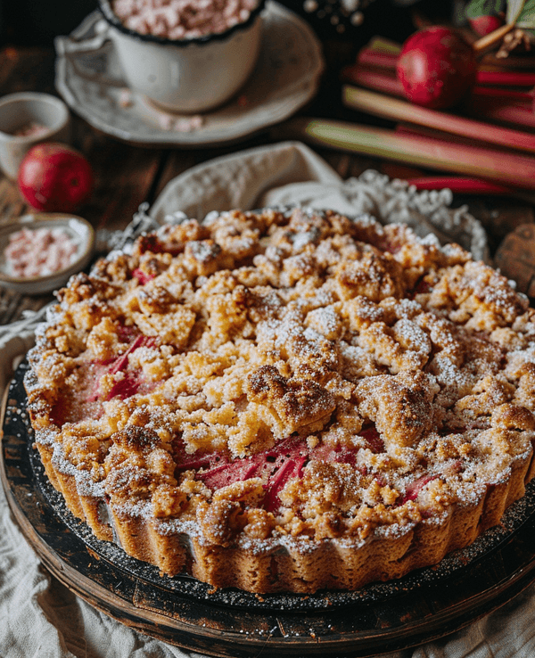Rhabarberkuchen mit Puderzucker garniert