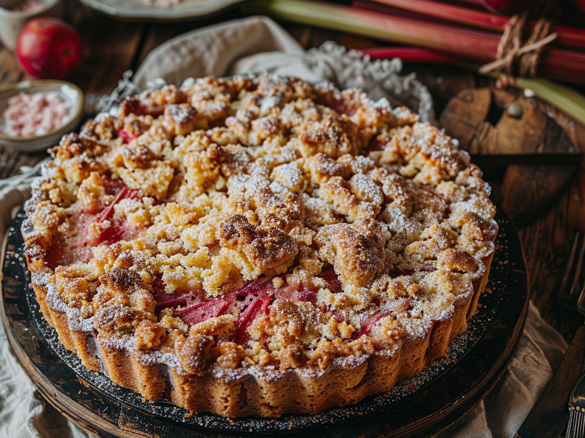 Rhabarberkuchen mit Puderzucker garniert