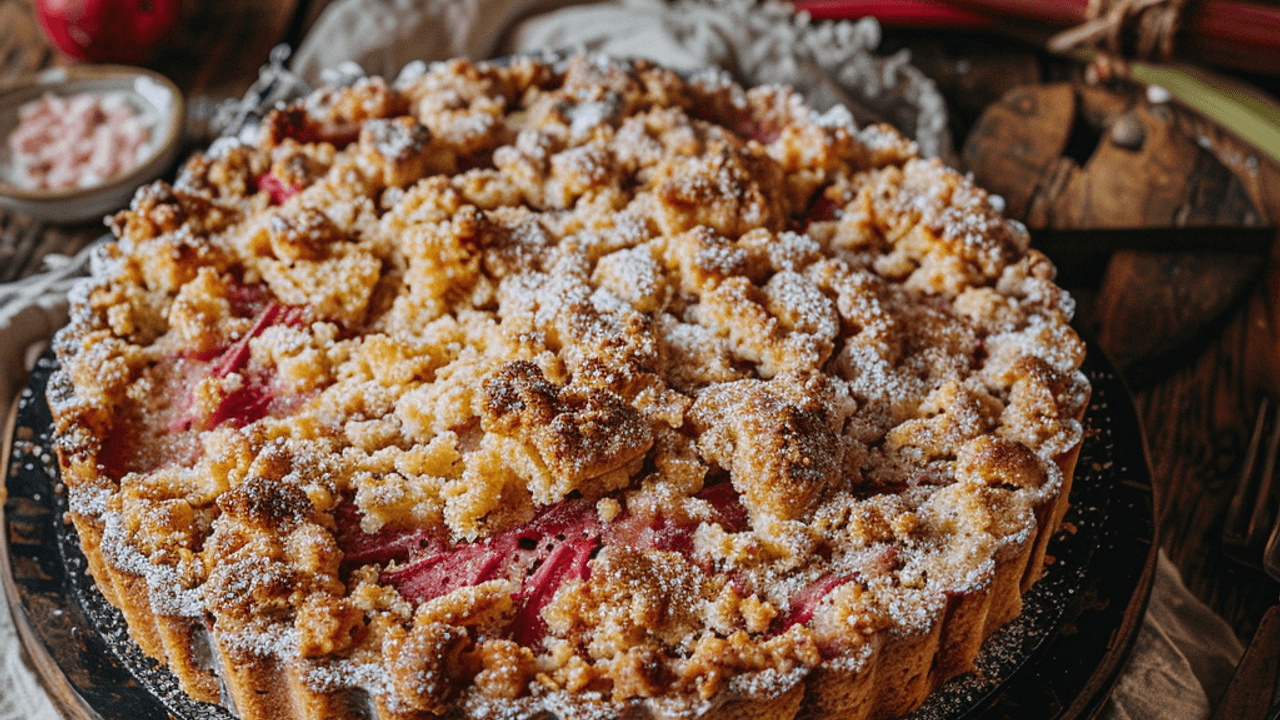 Rhabarberkuchen mit Puderzucker garniert