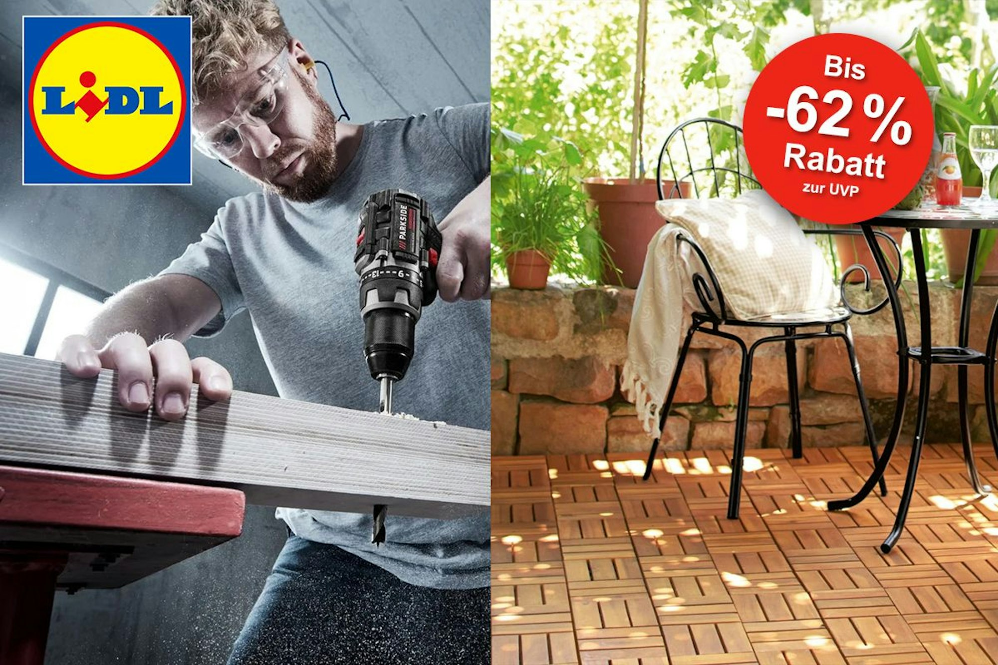 Mann mit Bohrer und Gartenmöbel