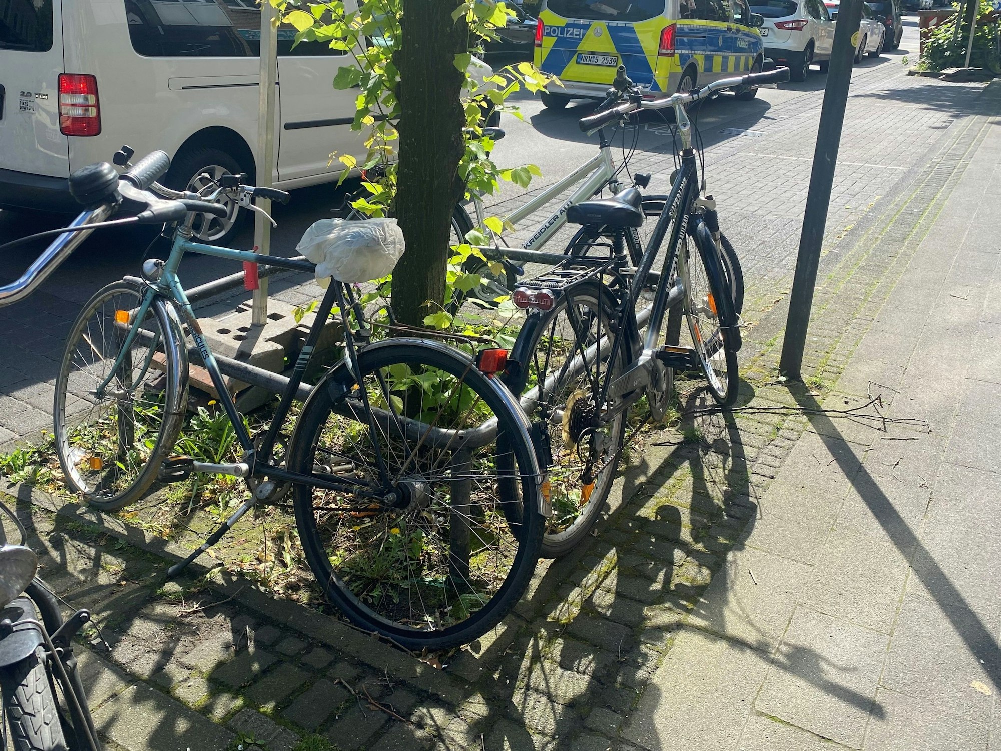 Ein Gestänge vor einem Wohnhaus, an dem Fahrräder festgemacht sind.