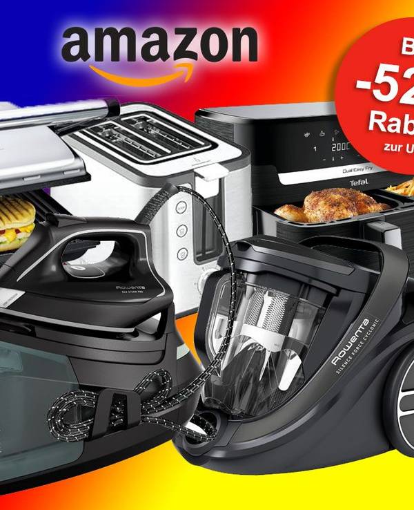 Auf dem Bild ist ein Toaster, ein OptiGrill, ein Staubsauger, ein Airfryer und ein Bügeleisen zu sehen.
