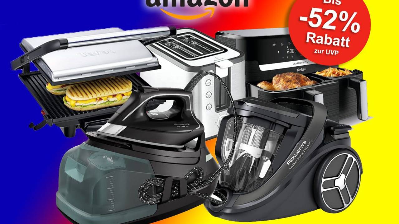 Auf dem Bild ist ein Toaster, ein OptiGrill, ein Staubsauger, ein Airfryer und ein Bügeleisen zu sehen.