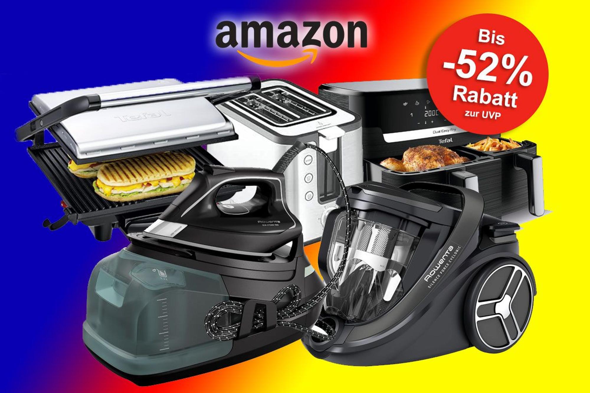 Auf dem Bild ist ein Toaster, ein OptiGrill, ein Staubsauger, ein Airfryer und ein Bügeleisen zu sehen.