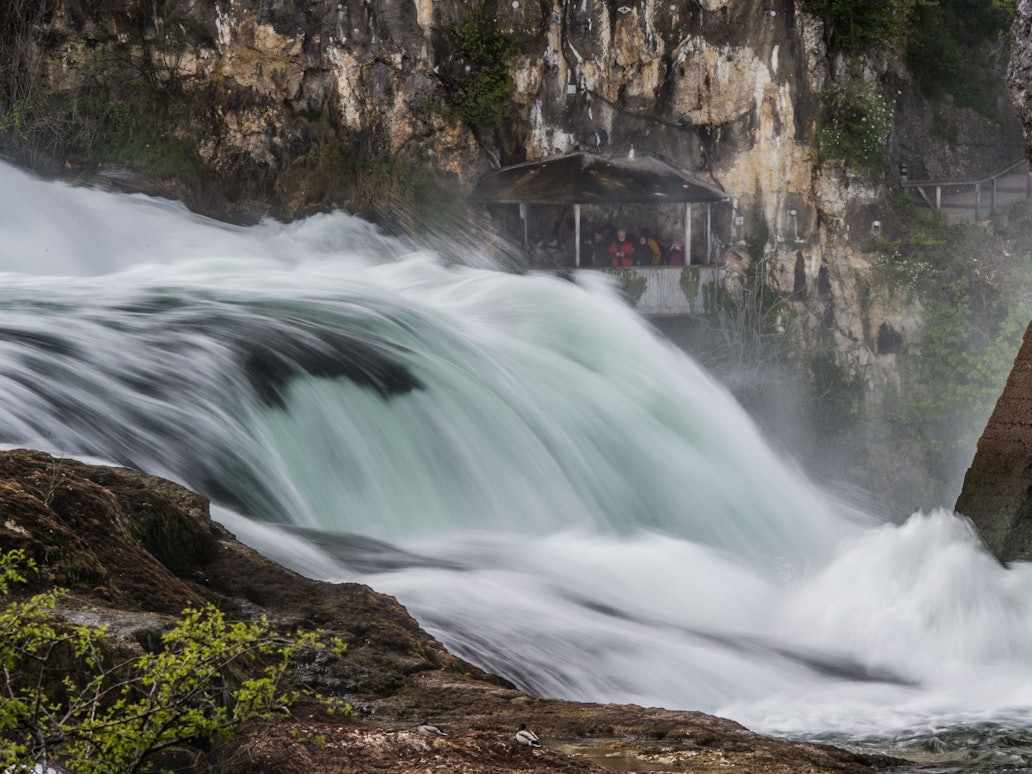 dpatop - A view of the scenic Rhine Falls with the palace of Laufen as a backdrop in Neuhausen Am Rheinfall, Switzerland, 23 April 2017. The Rhine Fall is one of the three largest waterfalls in Europe. Photo: Lino Mirgeler/dpa +++ dpa-Bildfunk +++