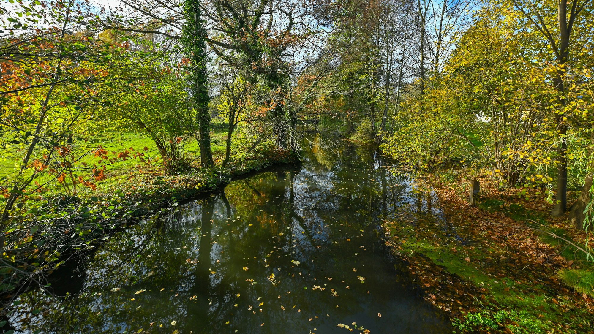 Herbststimmung an der an einem Fließ im Spreewald. Als Fließe werden die Wasserwege im Spreewald bezeichnet.