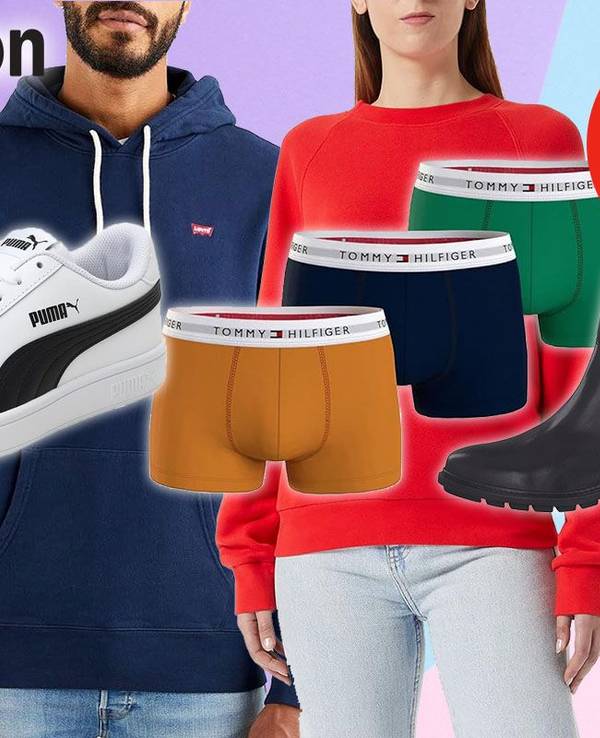 Kleidung und Schuhe von Tommy Hilfiger, Calvin Klein, Puma, Levi's vor buntem Hintergrund.