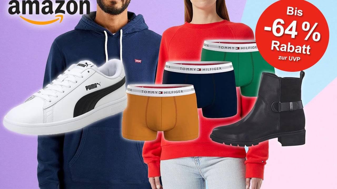 Kleidung und Schuhe von Tommy Hilfiger, Calvin Klein, Puma, Levi's vor buntem Hintergrund.