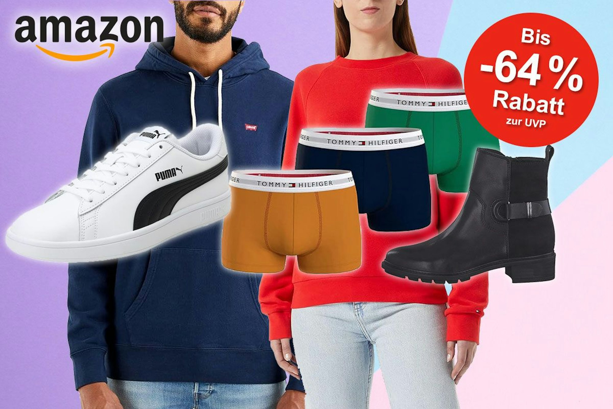 Kleidung und Schuhe von Tommy Hilfiger, Calvin Klein, Puma, Levi's vor buntem Hintergrund.
