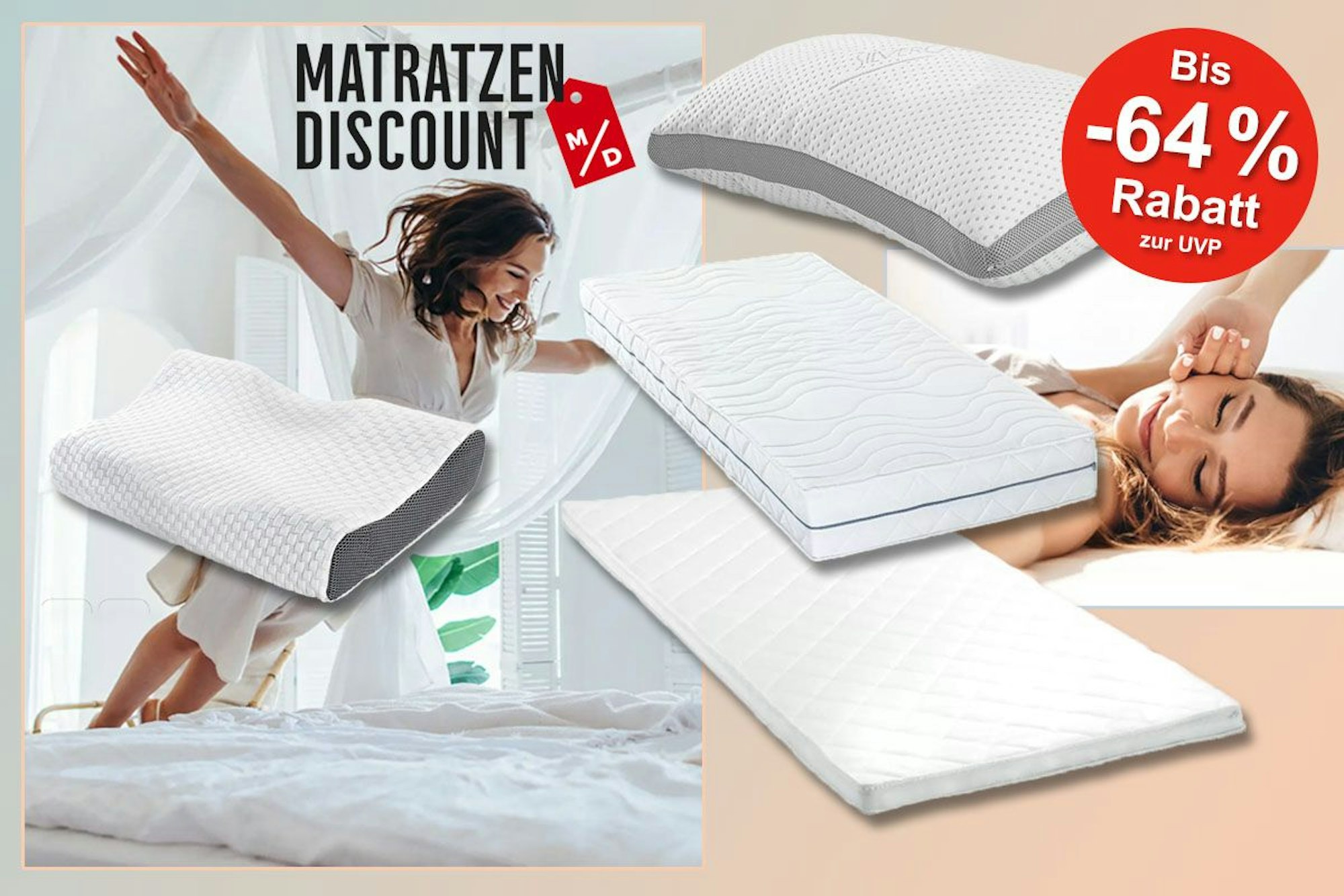 Eine Frau lässt sich auf ein Bett fallen, eine andere Frau liegt entspannt auf einem Bett. Dazu Bilder von Matratzen und ergonomischen Kissen.