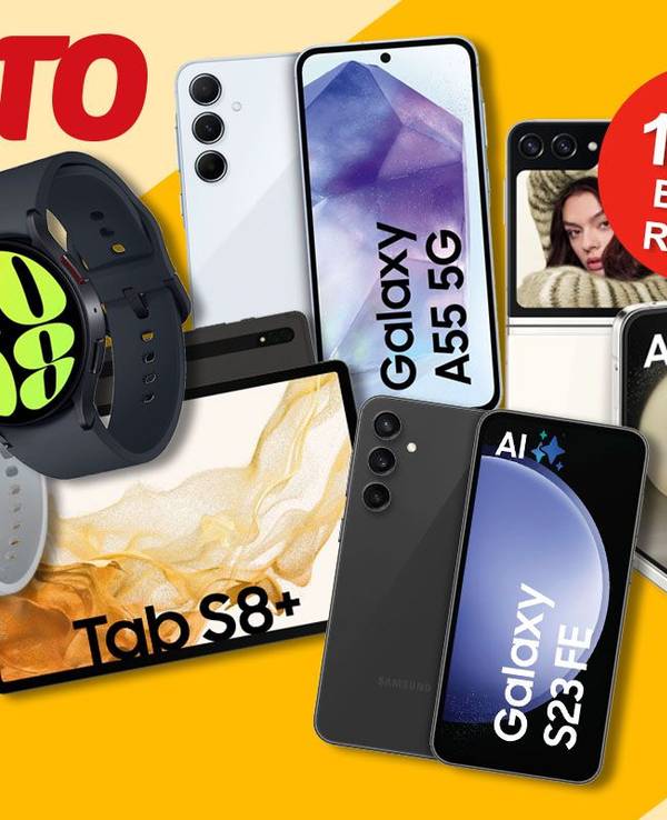 Samsung Galaxy Smartphones A55, S23 FE und Z Flip 5 sowie Samsung Galaxy Tab S8+ und Galaxy Watch 6 vor buntem Hintergrund.