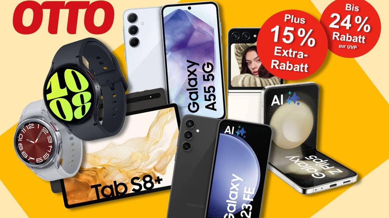 Samsung Galaxy Smartphones A55, S23 FE und Z Flip 5 sowie Samsung Galaxy Tab S8+ und Galaxy Watch 6 vor buntem Hintergrund.