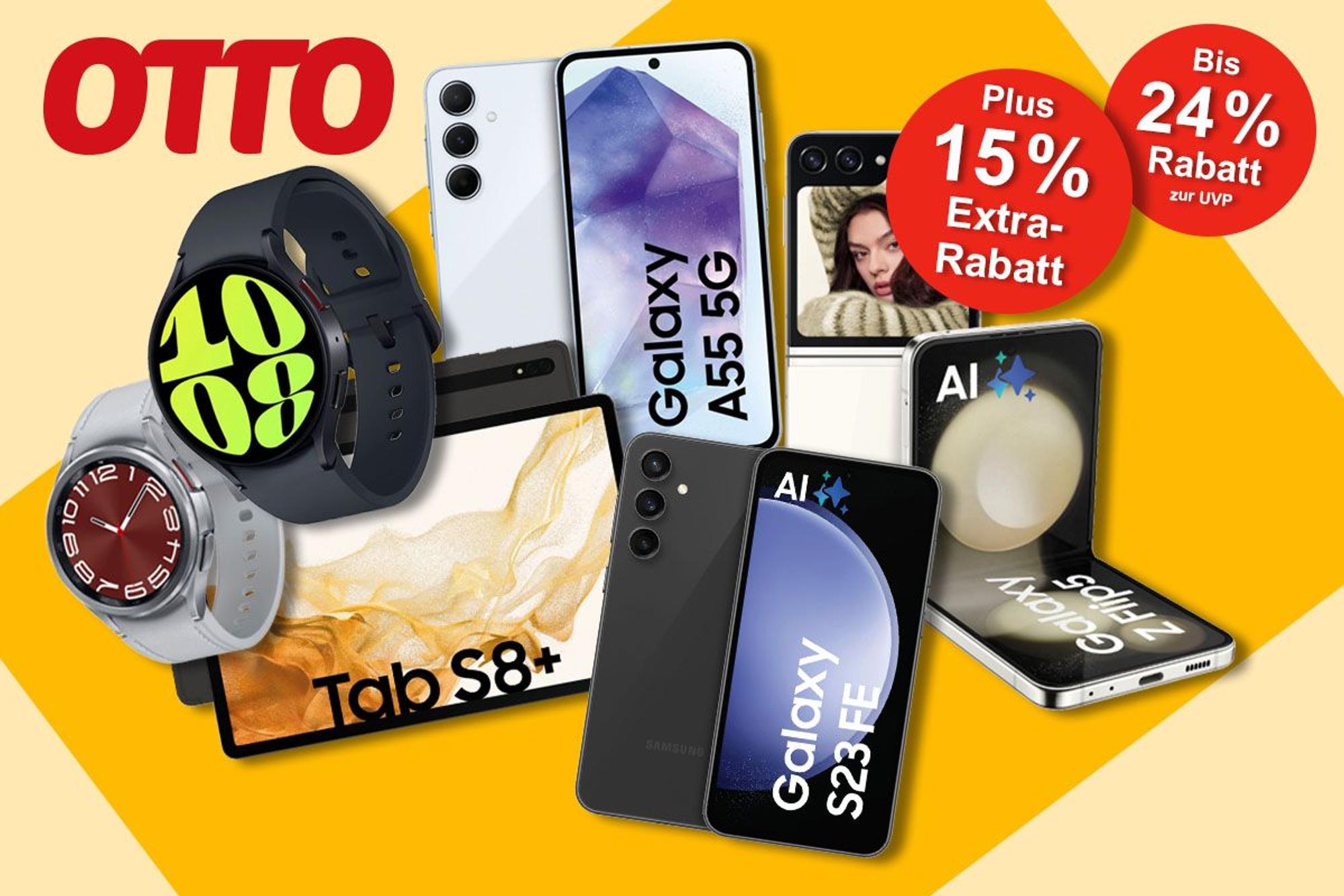Samsung Galaxy Smartphones A55, S23 FE und Z Flip 5 sowie Samsung Galaxy Tab S8+ und Galaxy Watch 6 vor buntem Hintergrund.