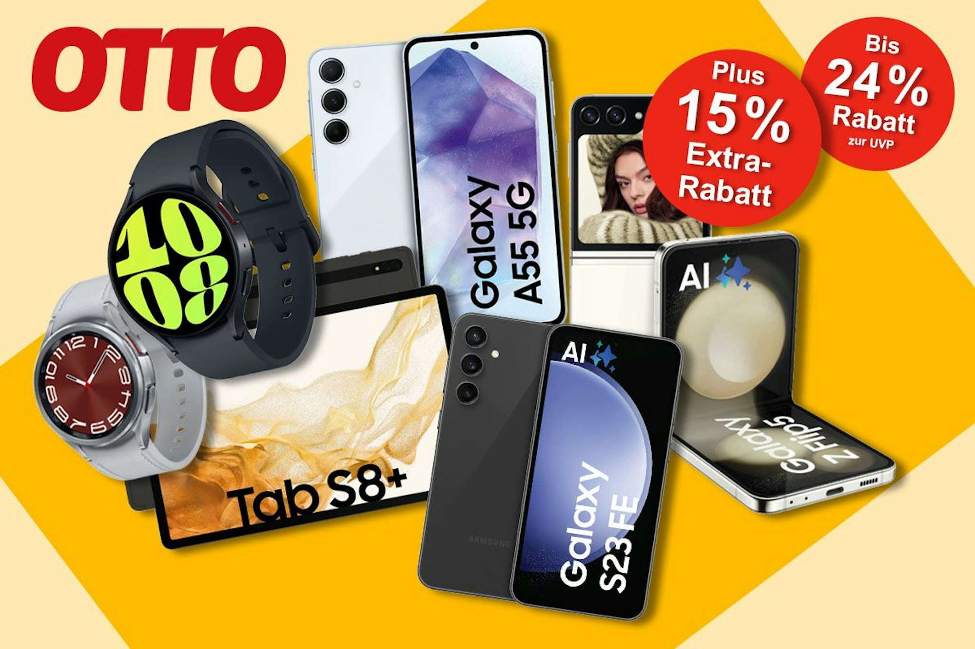 Samsung Galaxy Smartphones A55, S23 FE und Z Flip 5 sowie Samsung Galaxy Tab S8+ und Galaxy Watch 6 vor buntem Hintergrund.