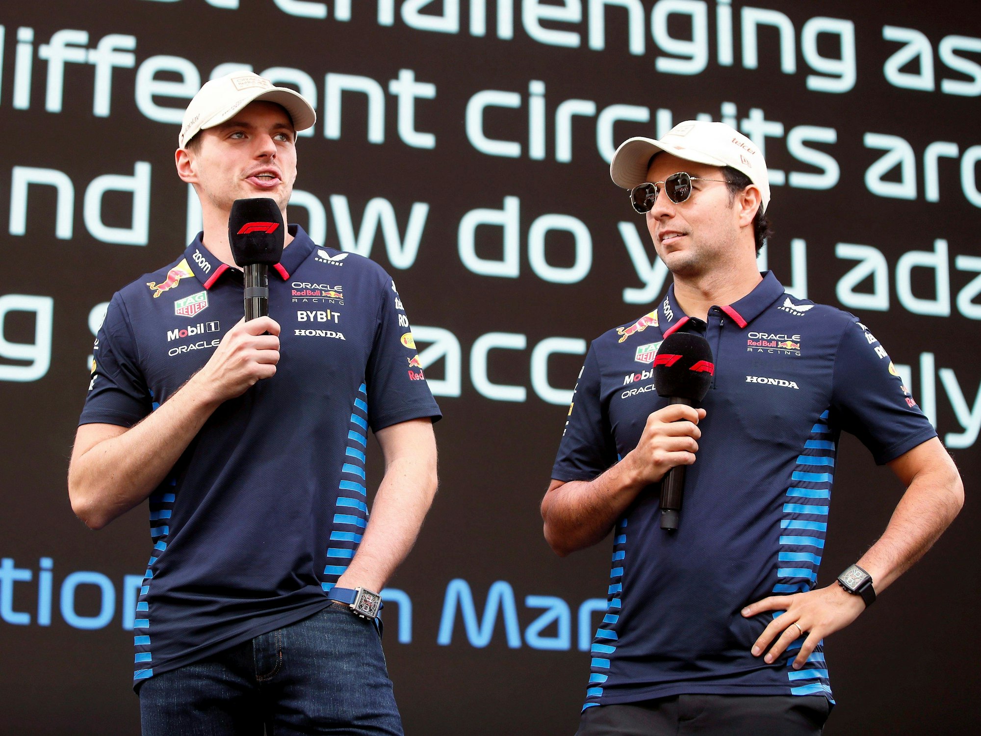 Max Verstappen und Sergio Perez bei einem Interview im Rahmen des großen Preises von Monaco am 25. Mai 2024.