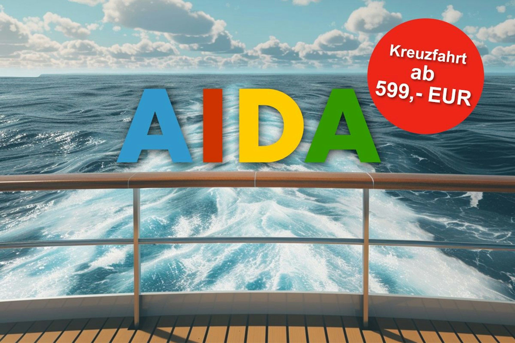 Blick aufs Meer von Kreuzfahrtschiff und Button mit dem Schriftzug "Kreuzfahrten schon ab 599€ p.P."