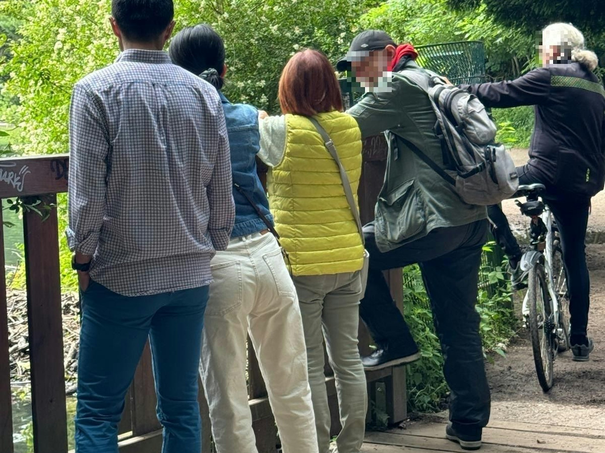 Mehrere Menschen stehen auf einer Holzbrücke.