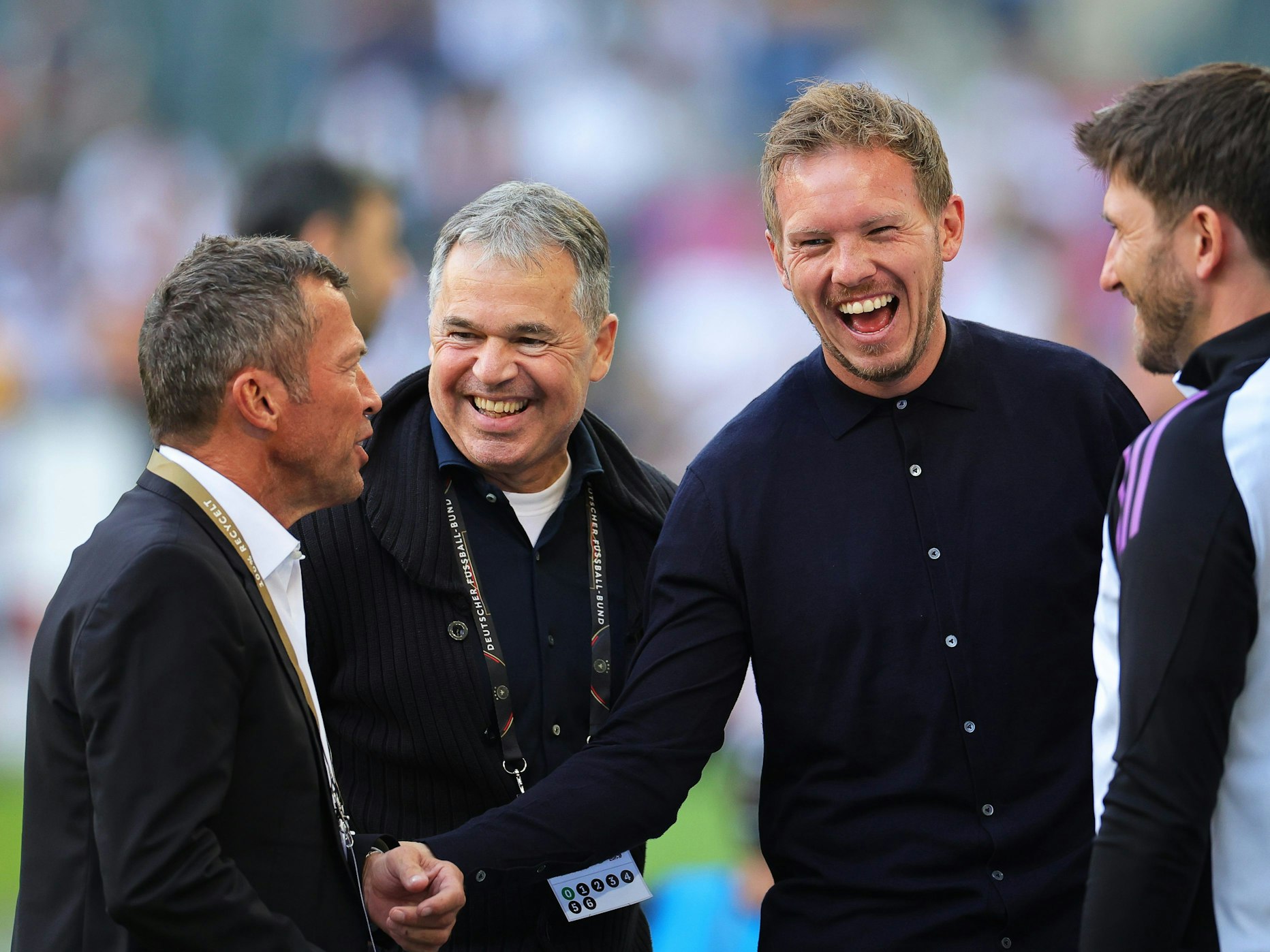 Lothar Matthäus (l-r), ehemaliger Nationalspieler, Andreas Rettig, Geschäftsführer Sport des DFB, und Bundestrainer Julian Nagelsmann, unterhalten sich.