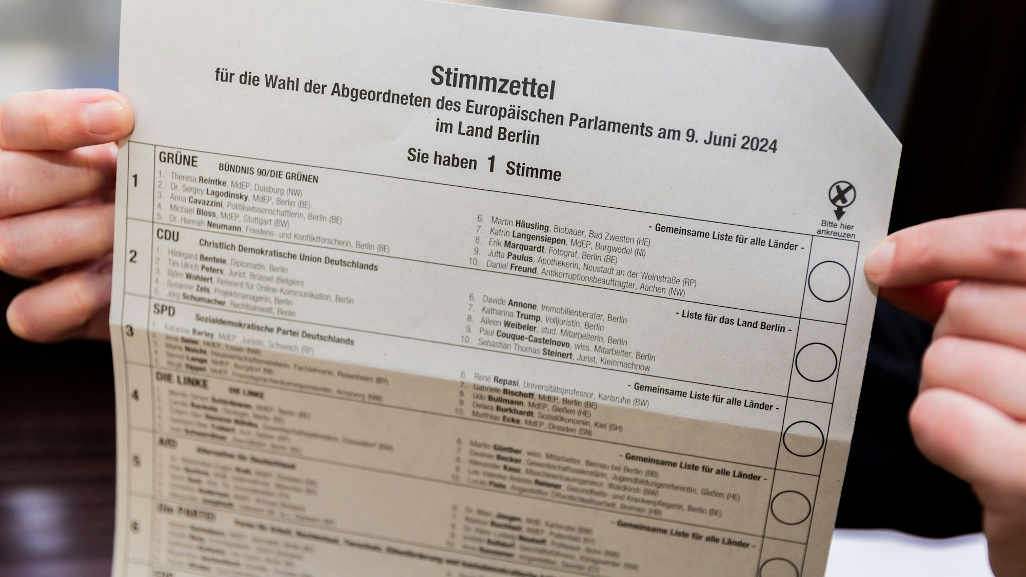 Ein Stimmzettel zur Europawahl wird in die Kamera gehalten.