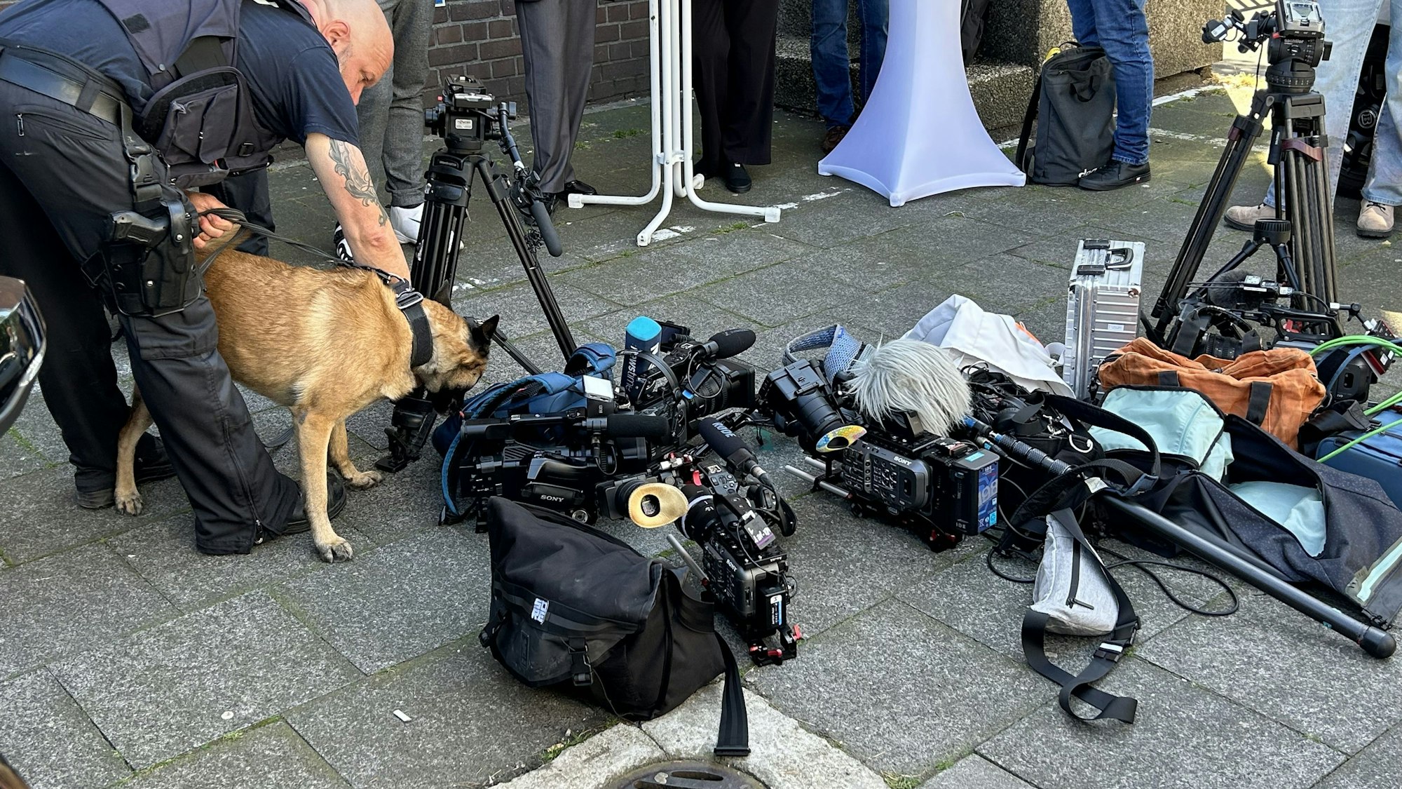 Auch die Kameras der Journalisten werden von Sprengstoffhunden kontrolliert.