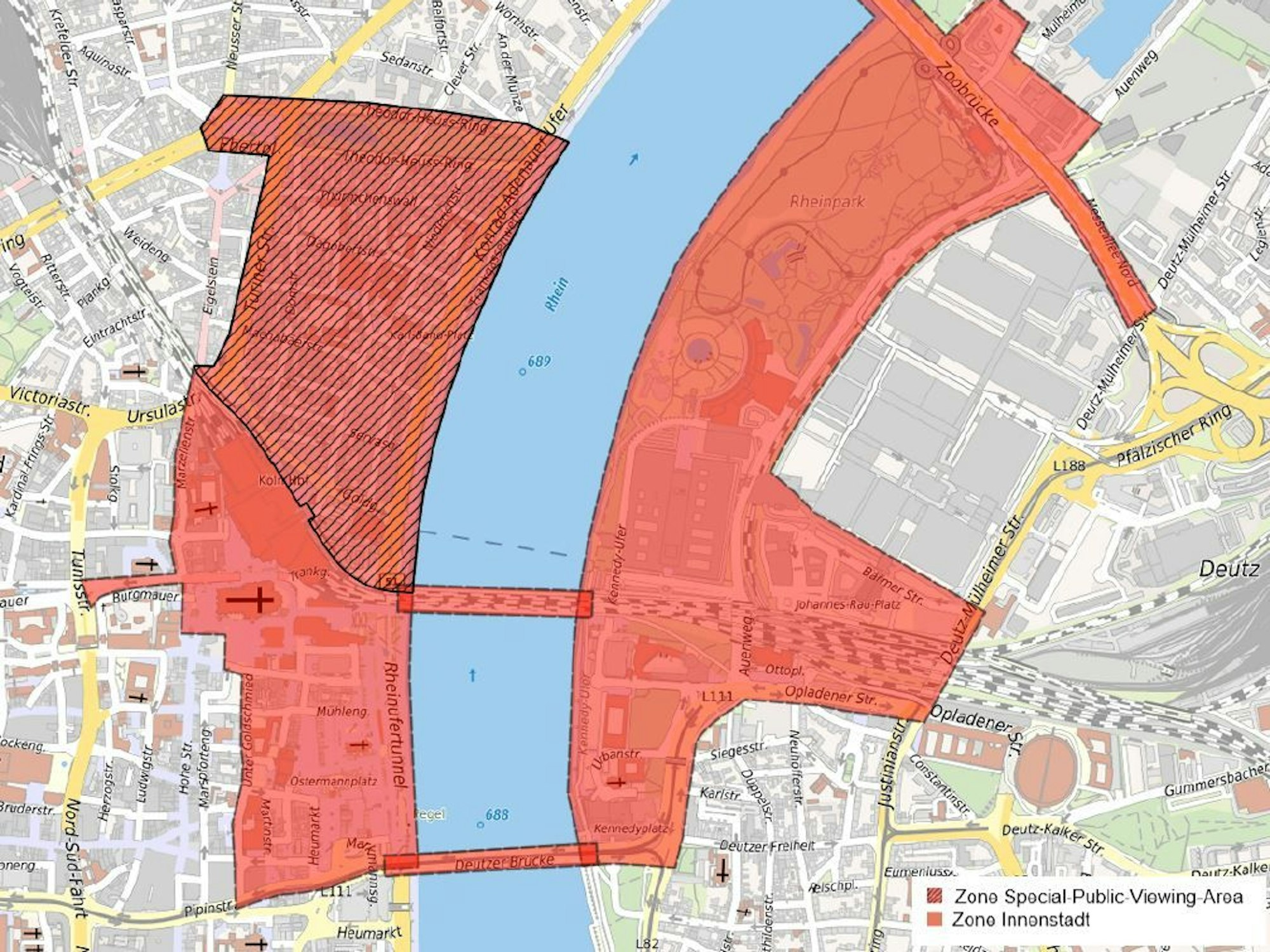 Roter Bereich auf einer Karte, der auf eine Drohnenverbotszone in Köln hinweist.
