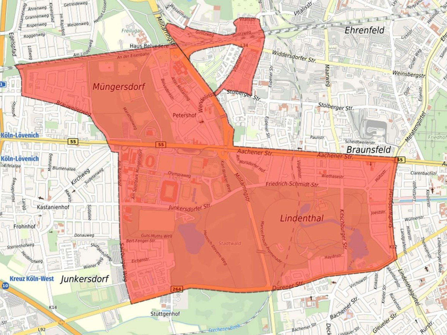 Roter Bereich auf einer Karte, der auf eine Drohnenverbotszone in Köln hinweist.