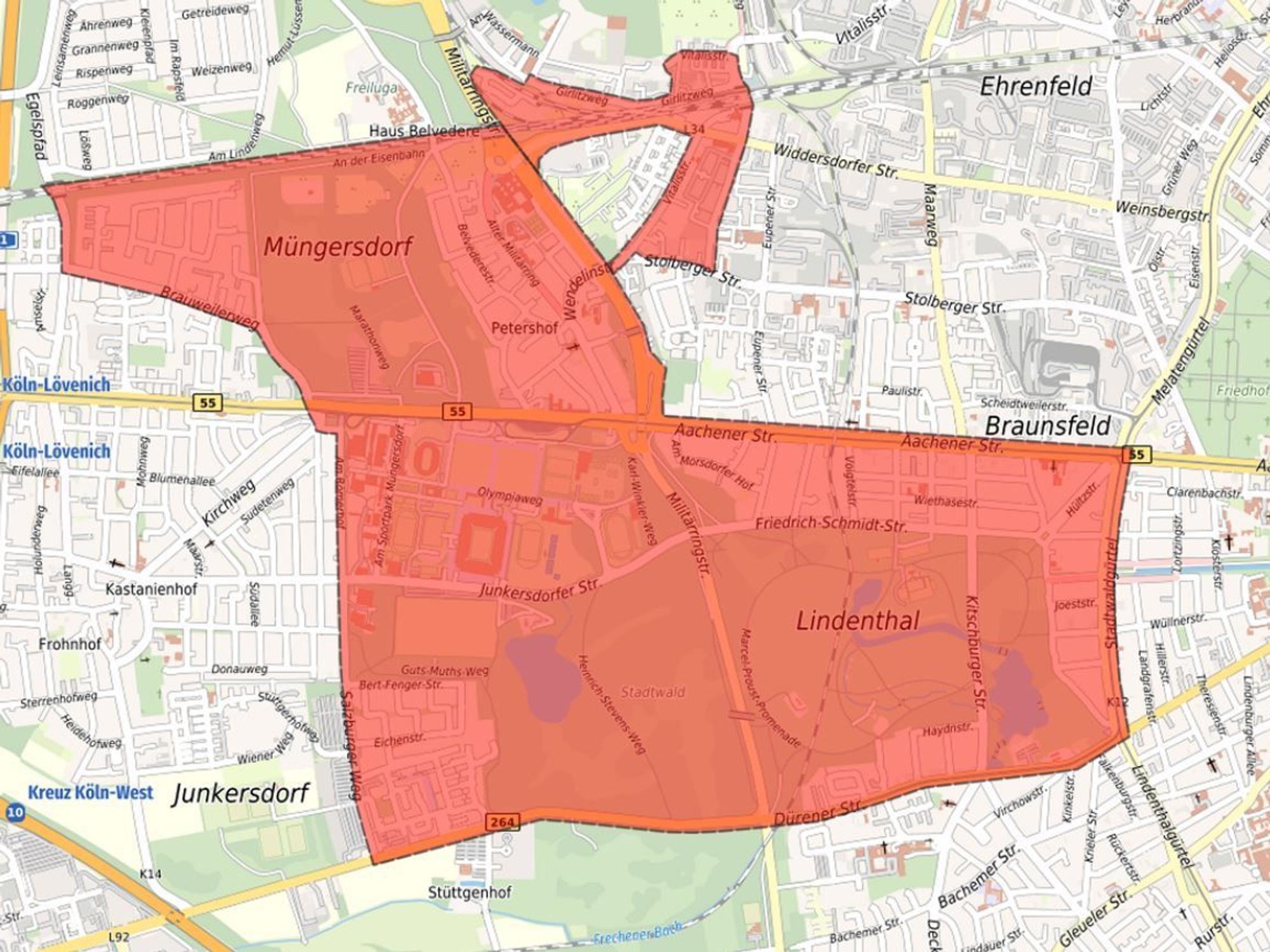 Roter Bereich auf einer Karte, der auf eine Drohnenverbotszone in Köln hinweist.