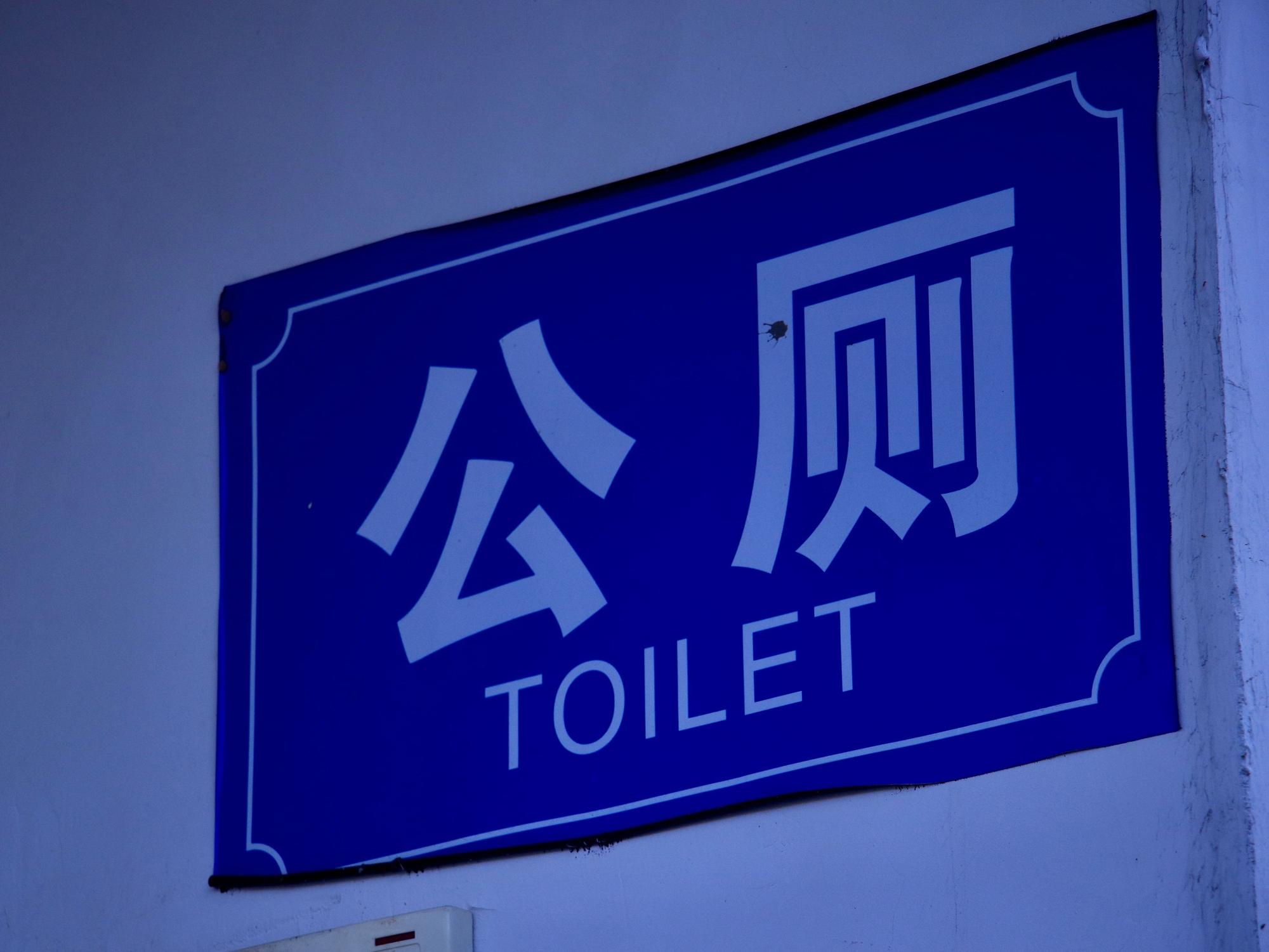 Close-Up eines englisch-chinesischen Toilettenschildes.