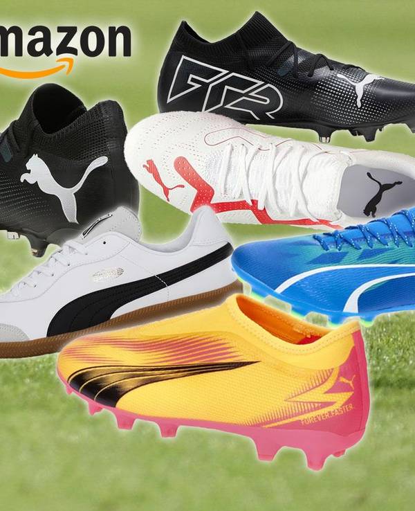 Puma Fußballschuhe der Modell-Reihen King, Future und Ultra in verschiedenen Farben vor einem grünen Fußballrasen.