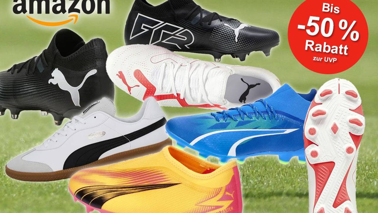 Puma Fußballschuhe der Modell-Reihen King, Future und Ultra in verschiedenen Farben vor einem grünen Fußballrasen.