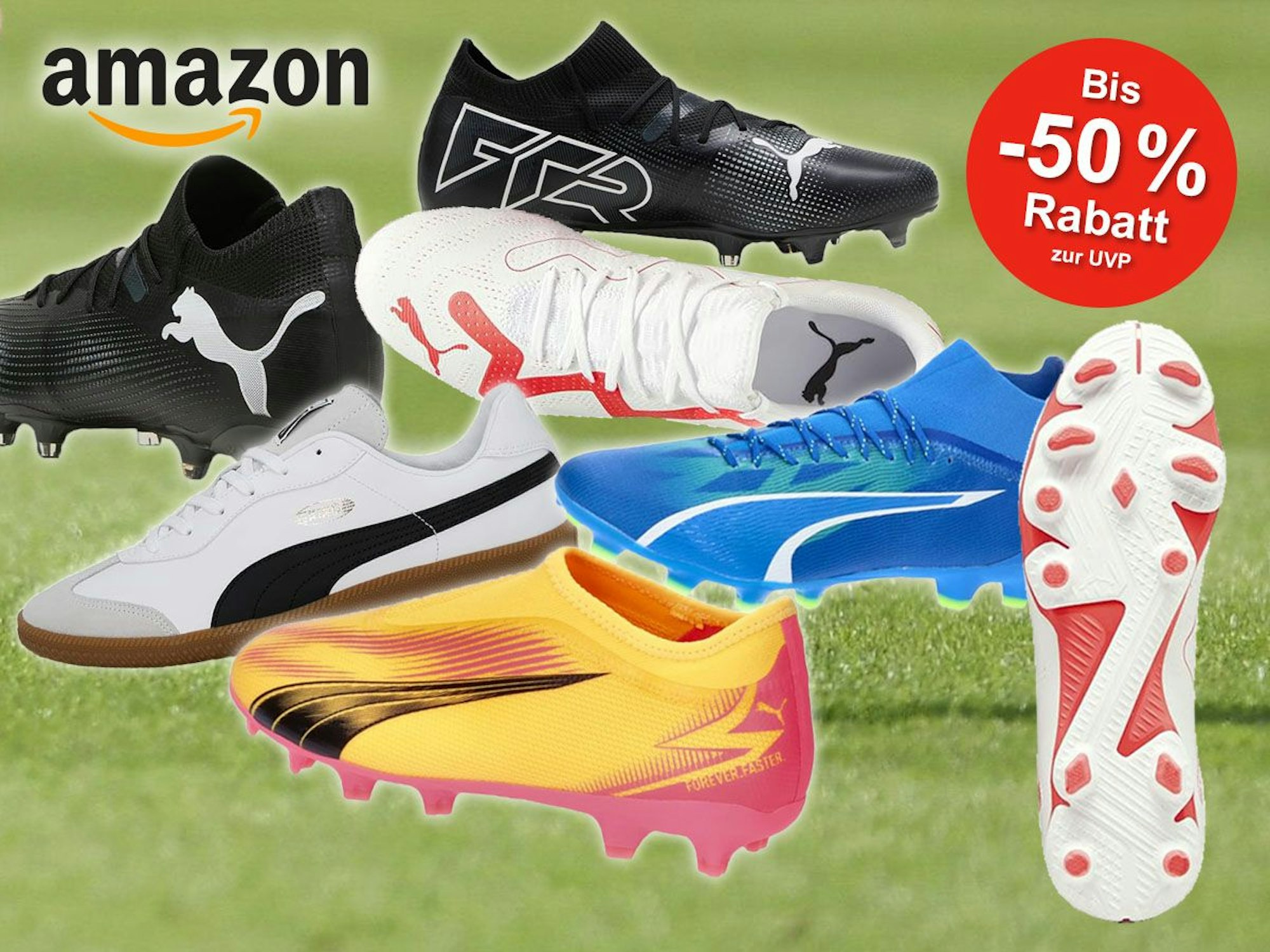 Puma Fußballschuhe der Modell-Reihen King, Future und Ultra in verschiedenen Farben vor einem grünen Fußballrasen.