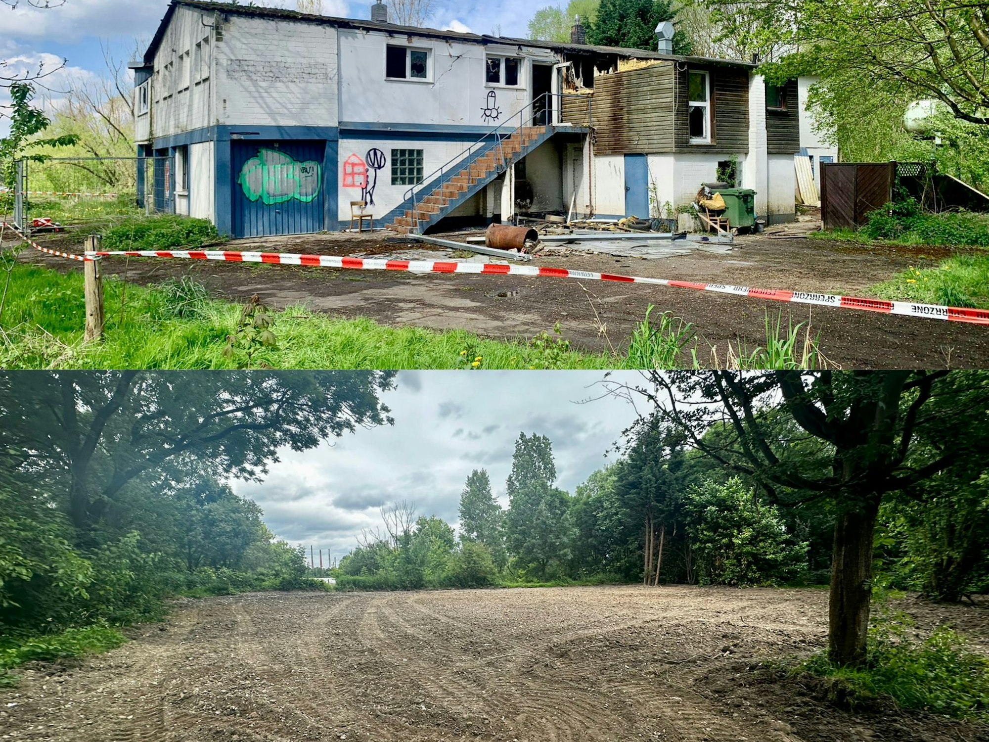 Oben ist ein Foto der Ruine aus 2023 zu sehen, das unter Bild zeigt das Areal am Freitag (14. Juni 2024) nach dem erfolgreichen Abriss des Gebäudes.