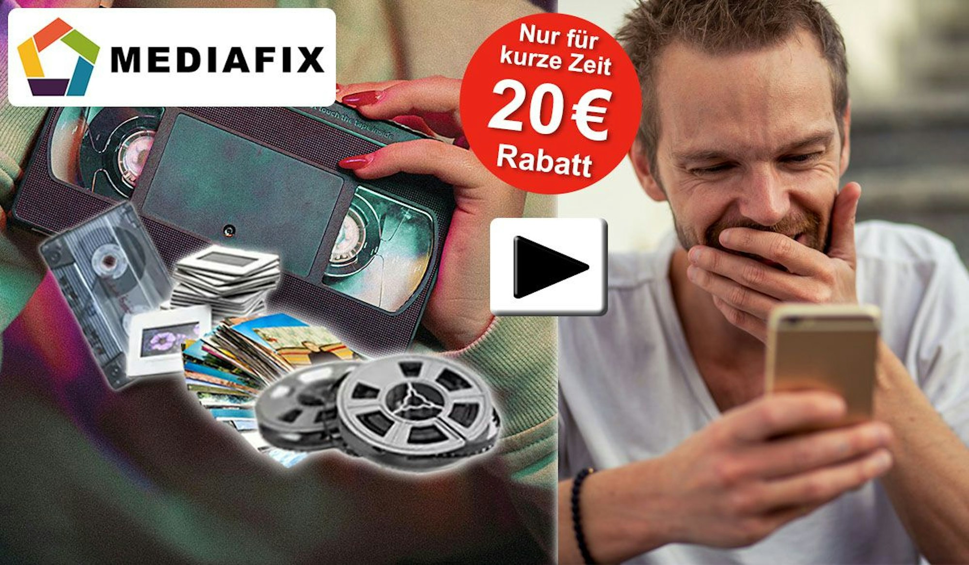 Frau hält VHS Videokassette in der Hand, weitere analoge Medien wie Musikkassette, Fotos, Dias und Mann, der auf Smartphone schaut und sich freut.