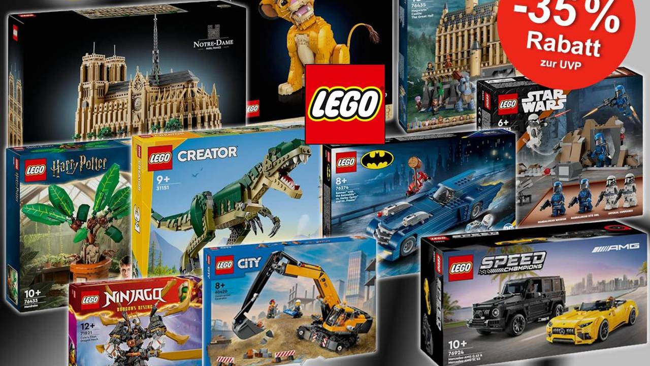 Lego Sets wie Lego Star Wars Battle Pack, Lego Harry Potter Alraune, Lego DC Batman, Lego Speed Champions, Creator T Rex, Lego Notre Dame, Lego Simba König der Löwen.