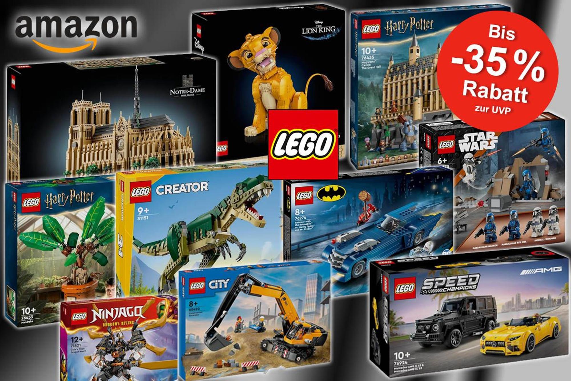 Lego Sets wie Lego Star Wars Battle Pack, Lego Harry Potter Alraune, Lego DC Batman, Lego Speed Champions, Creator T Rex, Lego Notre Dame, Lego Simba König der Löwen.