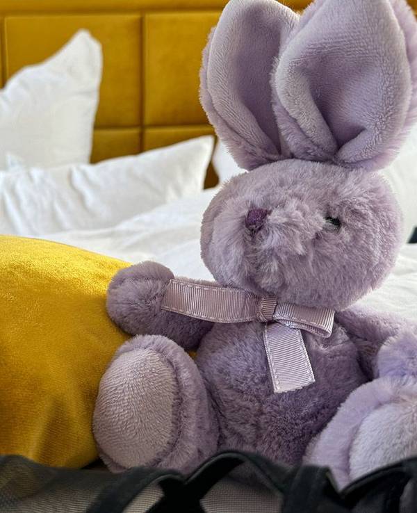 High Heels und lila Kuscheltier Hase nebeneinander auf einem Bett.