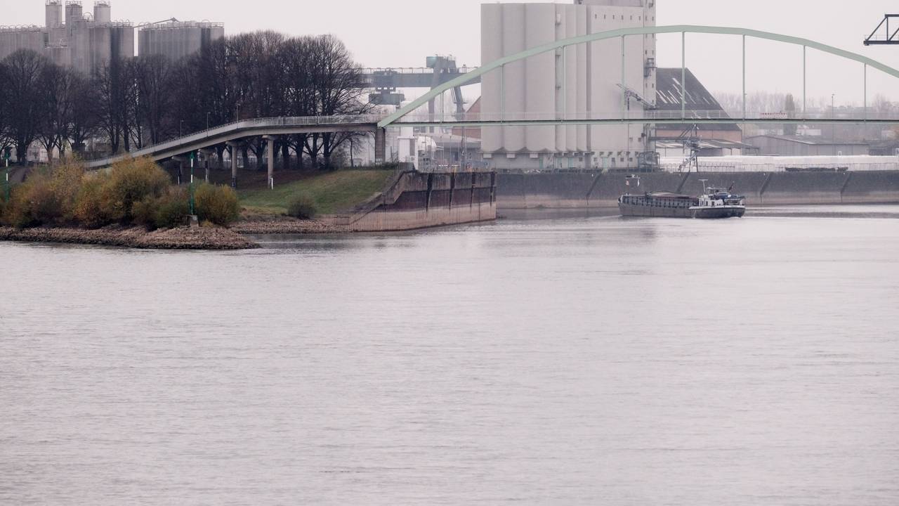 Blick in die Einfahrt zum Niehler Hafen auf dem Rhein in Köln.