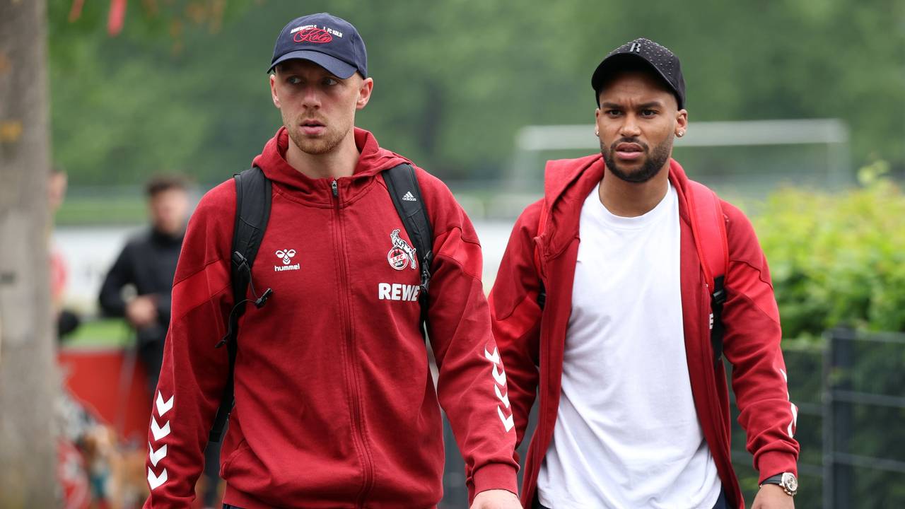 Die Spieler des 1. FC Köln, Marvin Schwäbe und Linton Maina, am Geißbockheim.
