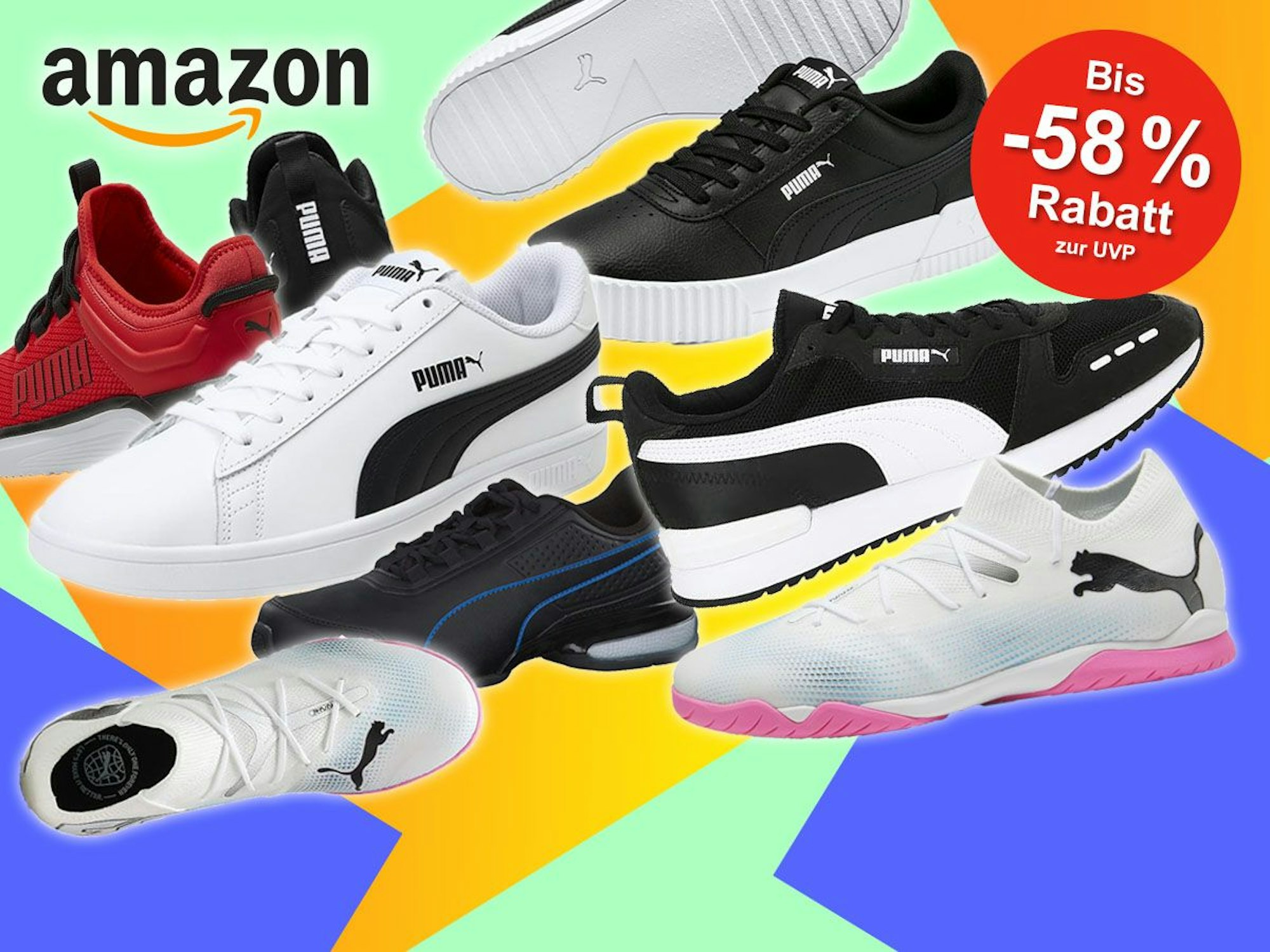 Mehrere Modelle von Puma Schuhen: Sneaker, Laufschuhe und Sportschuhe vor einem bunten Hintergrund.