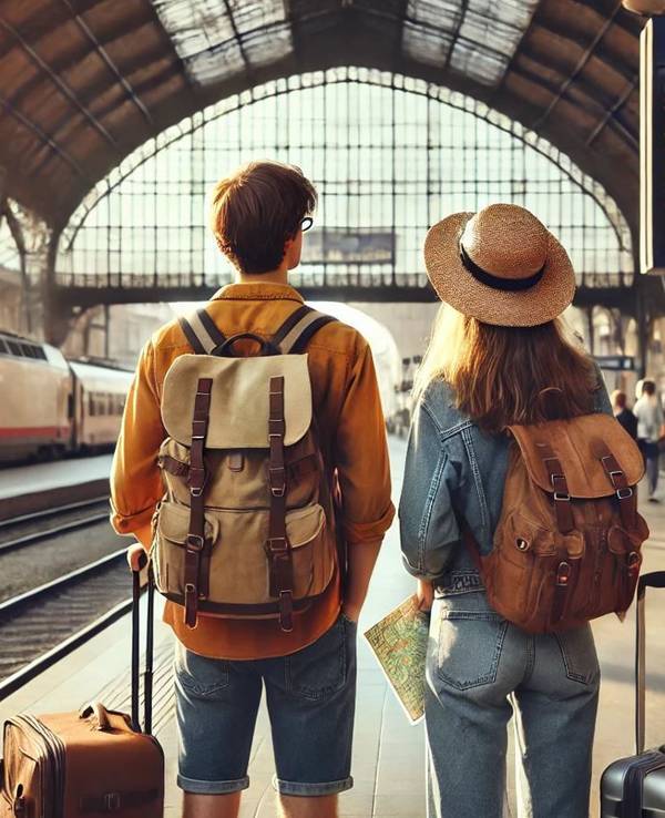 Auf unserem mit Hilfe Künstlicher Intelligenz erstellten Bild stehen zwei junge Menschen an einem Bahnhof.