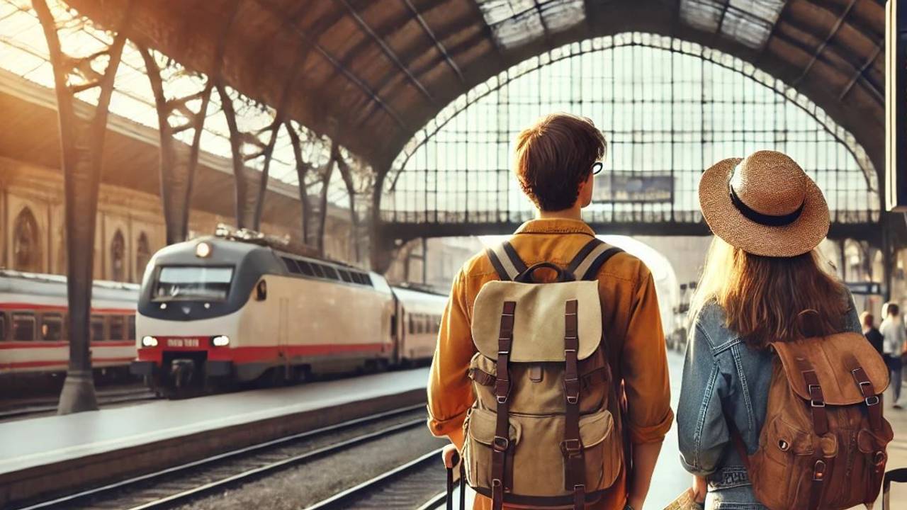 Auf unserem mit Hilfe Künstlicher Intelligenz erstellten Bild stehen zwei junge Menschen an einem Bahnhof.