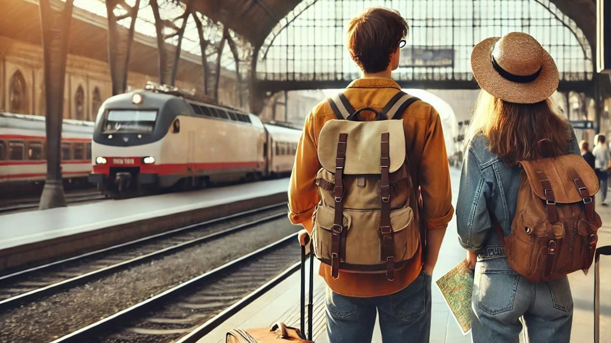 Auf unserem mit Hilfe Künstlicher Intelligenz erstellten Bild stehen zwei junge Menschen an einem Bahnhof.