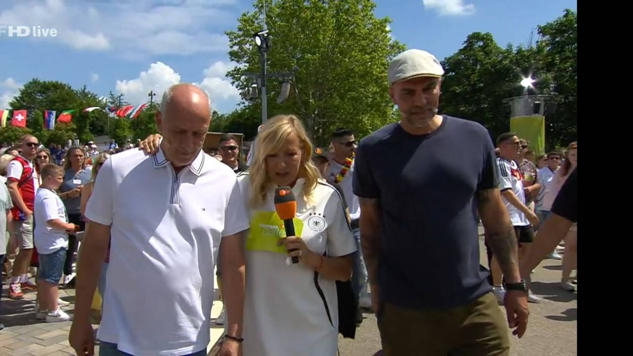 Der Screenshot stammt aus dem ZDF-Fernsehgarten. Er zeigt die Ex-Fußballer Mario Basler (l.) und Markus Babbel (r.) im Gespräch mit Andrea Kiewel (M.). Screenshot am 23. Juni erstellt zum Zwecke der Berichterstattung.