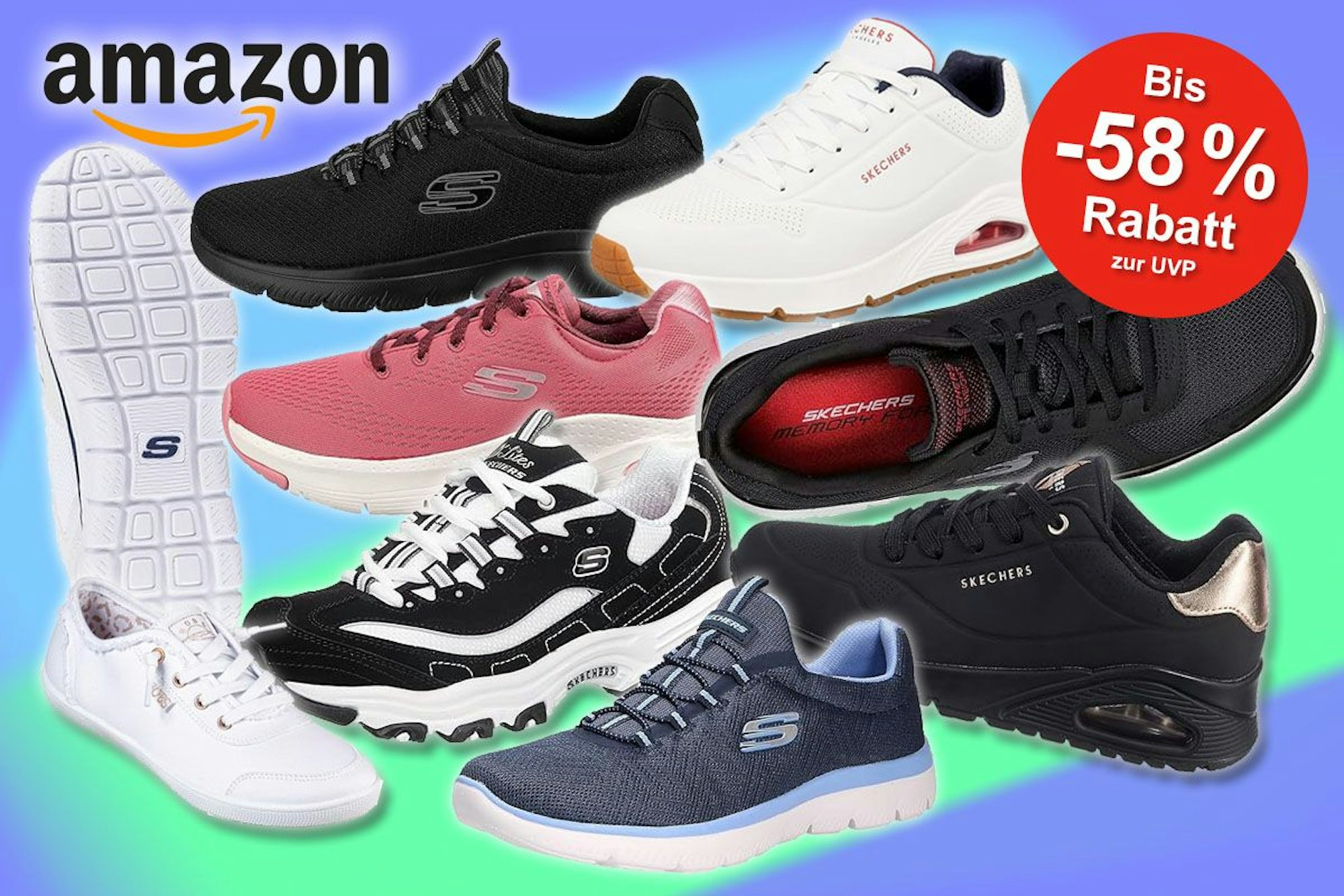 Skechers Sneaker Modelle aus der Amazon Bestseller Liste Sneaker für Herren und Damen vor buntem Hintergrund.