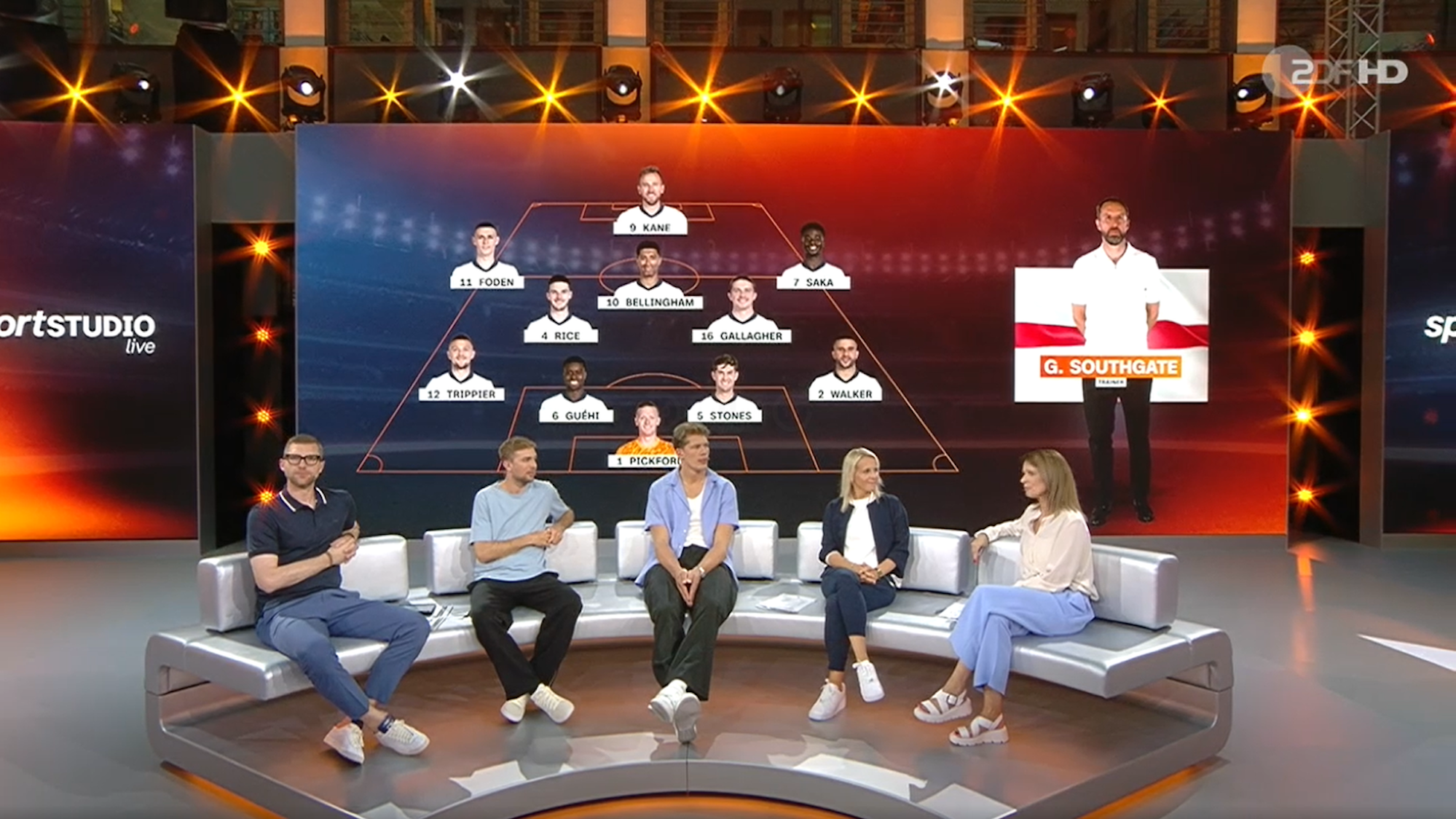 Per Mertesacker, Christoph Kramer, Moritz Wagner, Friederike Kromp und Moderatorin Katrin Müller-Hohenstein analysieren im Sportstudio die Engländer.
