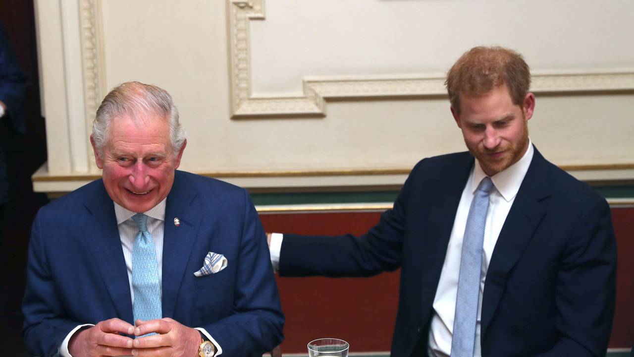 Großbritanniens Prinz Charles (l) und sein Sohn, Prinz Harry, Herzog von Sussex, während eines Forums in Clarence House zur Diskussion über Jugendkriminalität.