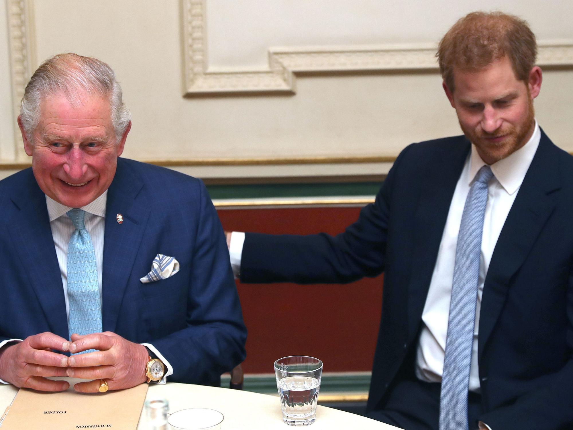 Großbritanniens Prinz Charles (l) und sein Sohn, Prinz Harry, Herzog von Sussex, während eines Forums in Clarence House zur Diskussion über Jugendkriminalität.